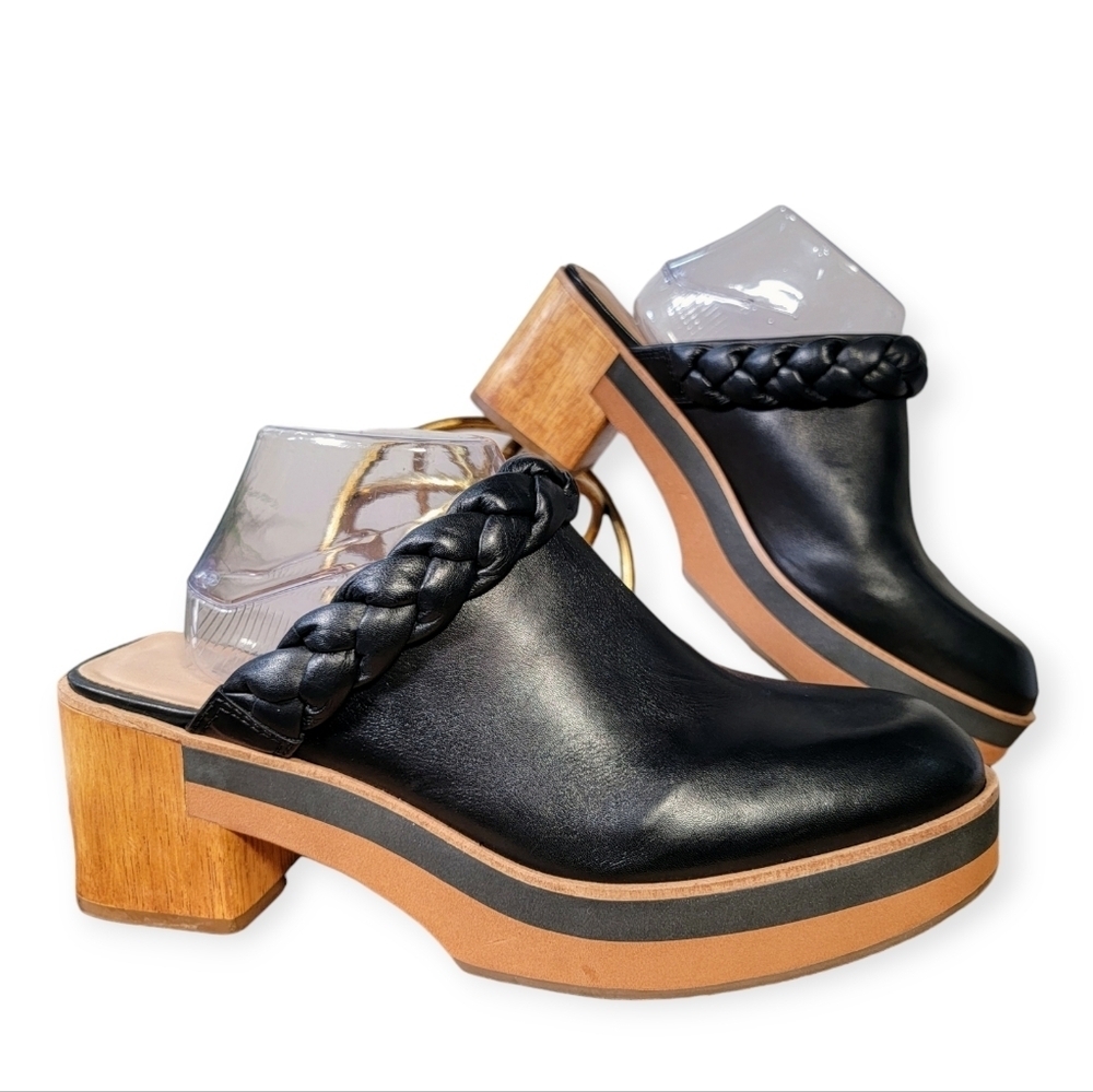 Bernardo Black Leather Braided Clog Mules with Wood Block Heel
